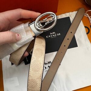 NWT Coach Reversible Neutral Signature Belt with Silver Oval Buckle